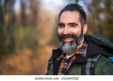 Close Up Portrait Of  A Hiker In Nature.