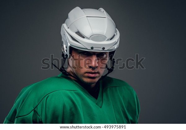 Close Portrait Hockey Player Helmet On People Stock Image