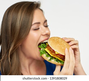 Close Portrait Hungry Woman Biting Burger Stock Photo (Edit Now) 1391808029