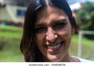 Close Up Portrait Latin Woman Smiling Outside. Fresh Air