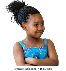 Close Up Portrait Of Little African Girl With Braided Hair Looking Aside.Isolated Against White Background.