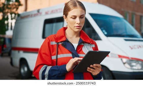 Close up portrait of pretty young professional medical worker using tablet standing in street near ambulance car. Beautiful female paramedic in uniform tapping on device. Emergency work concept - Powered by Shutterstock