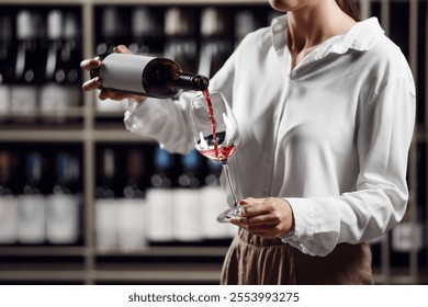 close up portrait of professional woman sommelier pouring red wine into bottle to the glass being in wine cellar against shelves with various alcoholic beverages. Wine school, winemaking master class. - Powered by Shutterstock