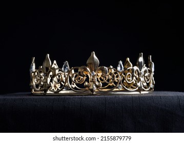 Close Up Portrait Of Royal Golden Crown, Isolated On Dark Black Background.