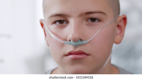 Close Up Portrait Of Sad Sick Boy With Nasal Cannula Looking At Camera In Hospital. Teenage Kid Patient With Cancer Sitting In Hospital Ward Having Chemotherapy Treatment