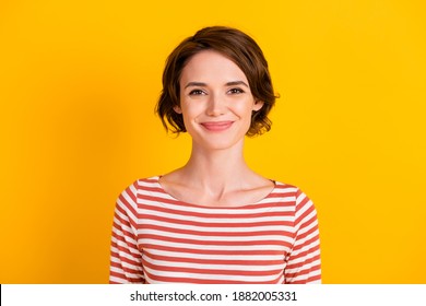 Close Up Portrait Of Satisfied Gorgeous Person Smile Look Camera Isolated On Yellow Color Background