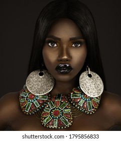 A Close Up Portrait Of A Sensual Young Black Female With Long Black Hair, Beautiful Makeup And Moist Lips Posing By Herself In A Studio With Dark Background Wearing Big Colorful Jewelry.