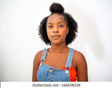 Close Up Portrait Serious Face Expression Young Black Girl Staring Isolated White Background