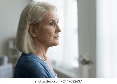 Close up portrait of serious upset older woman looking out window, lost in thoughts, think about problems, remember past, ponder future, feels depressed or lonely. Memories, melancholy, nostalgic mood - Powered by Shutterstock