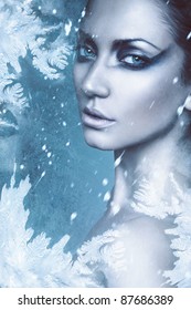 Close Up Portrait Of Sexy Winter Woman In Snow