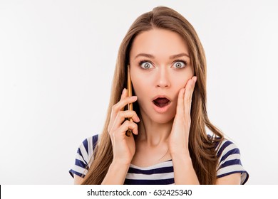 Close Up Portrait Of Shocked Woman Talking To Somebody On The Phone