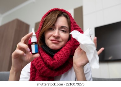 Close Up Portrait Of Sick Irritated Woman With Red Nose Suffering From Flu And Trying To Treat Herself	