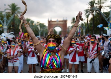 Close Up Portrait Of A Smiling Black Woman Dancer At 2021 Pride Parade In Barcelona, Spain On September 5, 2021, Organized By Lgbti+ And Lgbt Collectives To Celebrate Pride Month 2021