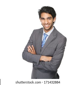 Close Up Portrait Of A Smiling Business Man With Arms Crossed Isolated On White