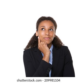 Close Up Portrait Of A Smiling Business Woman Thinking On Isolated White Background