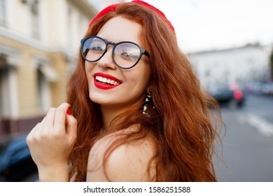 Close Portrait Smiling Ginger Woman Walking Stock Photo 1586251588