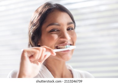 Close Up Portrait Smiling Woman Brushing Teeth