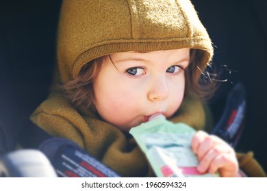 Close up portrait of sweet toddler kid eating fruit puree from plastic doy pack, sitting in stroller, outdoor snack time - Shutterstock ID 1960594324