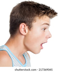 Close Up Portrait Of Teen Showing Side Face View And Surprised Face Expression.Isolated On White Background.