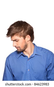 Close Up Portrait Of Tired Business Man Looking Down, Turn Head Away From The Camera Isolated Over White Background