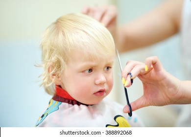 Close up portrait of toddler child getting his first haircut