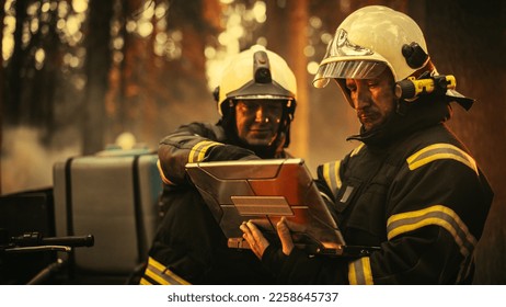 Close Up Portrait of Two Professional Firefighters Standing Next to an All-Terrain Vehicle, Using a Heavy-Duty Laptop Computer and Figuring Out a Best Strategy for Extinguishing the Wildland Fire. - Shutterstock ID 2258645737