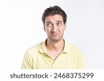 	
Close up portrait of unhappy stressed man isolated on white background