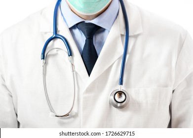 Close Up Portrait Of Unrecognizable Doctor Posing With Stethoscope And Face Mask. Healthcare Concept .