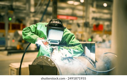 Close up portrait view of professional mask protected welder man in uniform working on the metal sculpture at the table in the industrial fabric workshop in front of few other workers. - Powered by Shutterstock