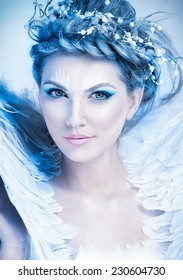 Close up portrait of winter queen with artistic make-up
