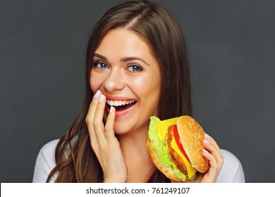 Close Portrait Woman Eating Burger Holding Stock Photo 761249107 ...