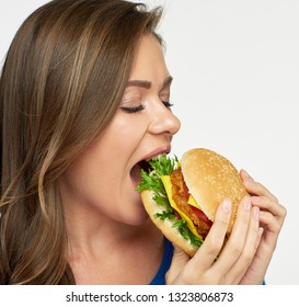 Close Portrait Woman Eating Cheeseburger Isolated Stock Photo ...