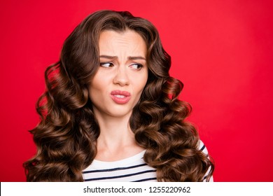 Close Up Portrait Of Wonderful Amazing She Her Girl Can't Stand Of Terrible Flavor Ugh Yuck Face Expression White Striped Pullover Isolated On Red Vivid Background