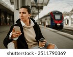 Close up portrait of young attractive stylish female traveler sitting on a bench at train station with cellphone in hands and looking away. In a blurry background is train on railroad. Copy space.