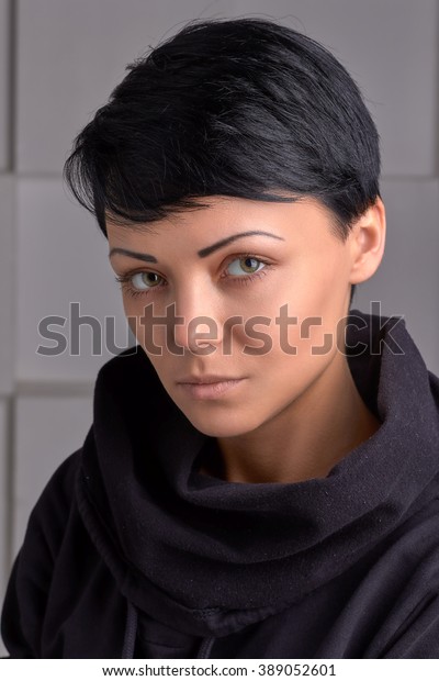 Close Portrait Young Girl Black Wear Stock Photo Edit Now 389052601