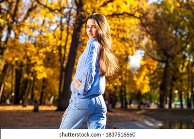 Close Portrait Young Girl Blue Sweater Stock Photo 1837516660 