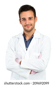 Close Up Portrait Of Young Male Dentist In Dressing Gown.Isolated On White Background.