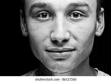 Close Up Portrait Of Young Man. Black And White.