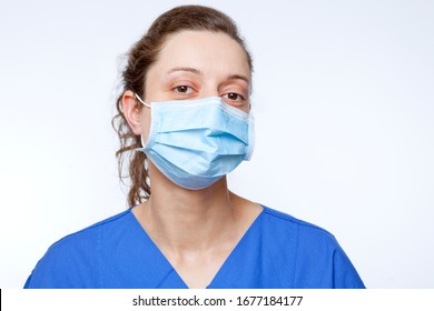 Close Up Portrait Of Young Nurse With Mouthpiece Mouth Protection Surgical Face Mask Medical Protective Mask Respirator