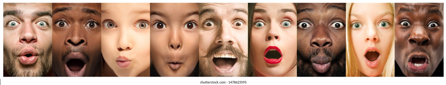 Close Up Portrait Of Young People. The Human Emotions, Facial Expression Concept. Wondered, Astonished And Shocked, Happy Screaming And Crazy In Happiness, Making Wow. Creative Collage.