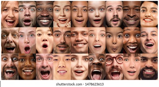 Close Up Portrait Of Young People. Human Emotions, Facial Expression. People Wondered, Astonished, Screaming And Crazy In Happiness, Thinking. Creative Collage Made Of Different Photos Of 26 Models.