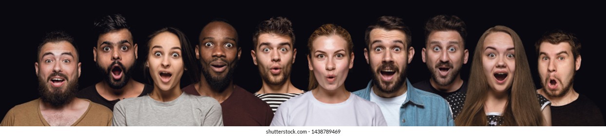 Close up portrait of young people isolated on black studio background. Photoshot of real emotions of models. Wondering, exciting and astonished. Facial expression, human emotions concept.