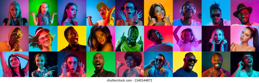 Close up portrait of young people in neon light. Human emotions, facial expression. People, astonished, screaming and crazy in happiness. Creative bright collage made of different photos of 17 models. - Shutterstock ID 1540144871