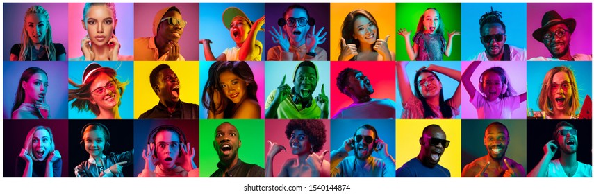 Close Up Portrait Of Young People In Neon Light. Human Emotions, Facial Expression. People, Astonished, Screaming And Crazy In Happiness. Creative Bright Collage Made Of Different Photos Of 17 Models.