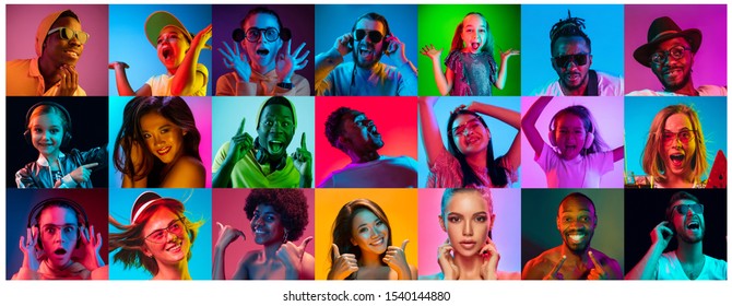 Close Up Portrait Of Young People In Neon Light. Human Emotions, Facial Expression. People, Astonished, Screaming And Crazy In Happiness. Creative Bright Collage Made Of Different Photos Of 15 Models.