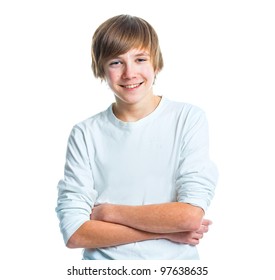 Close up portrait of young smiling cute teenager in white, isolated on white - Powered by Shutterstock