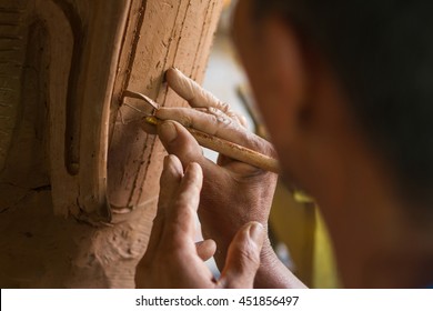 Close Up Potter Artist Working On Clay Pottery Sculpture Fine Art In Thailand