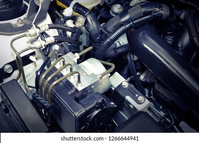 Close up a powerful car engine, selective focus.