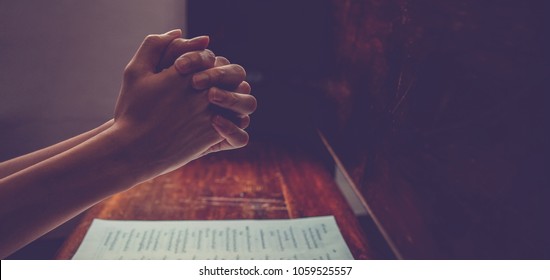 Close Up Prayer's Hand Pray In Church, Pastor Pray To God, With Blank Copy Space