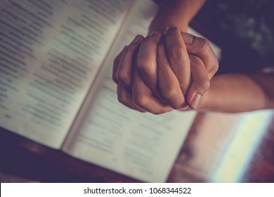 Close Up Prayer's Hand Pray In Church, Pastor Pray To God With BIBLE, Top View With Blank Copy Space